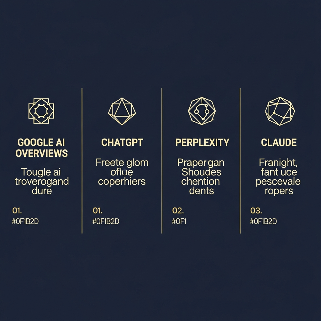 Comparison of how four AI engines surface citations differently — Google AI Overviews, ChatGPT, Perplexity, and Claude — each with distinct citation patterns and source counts.