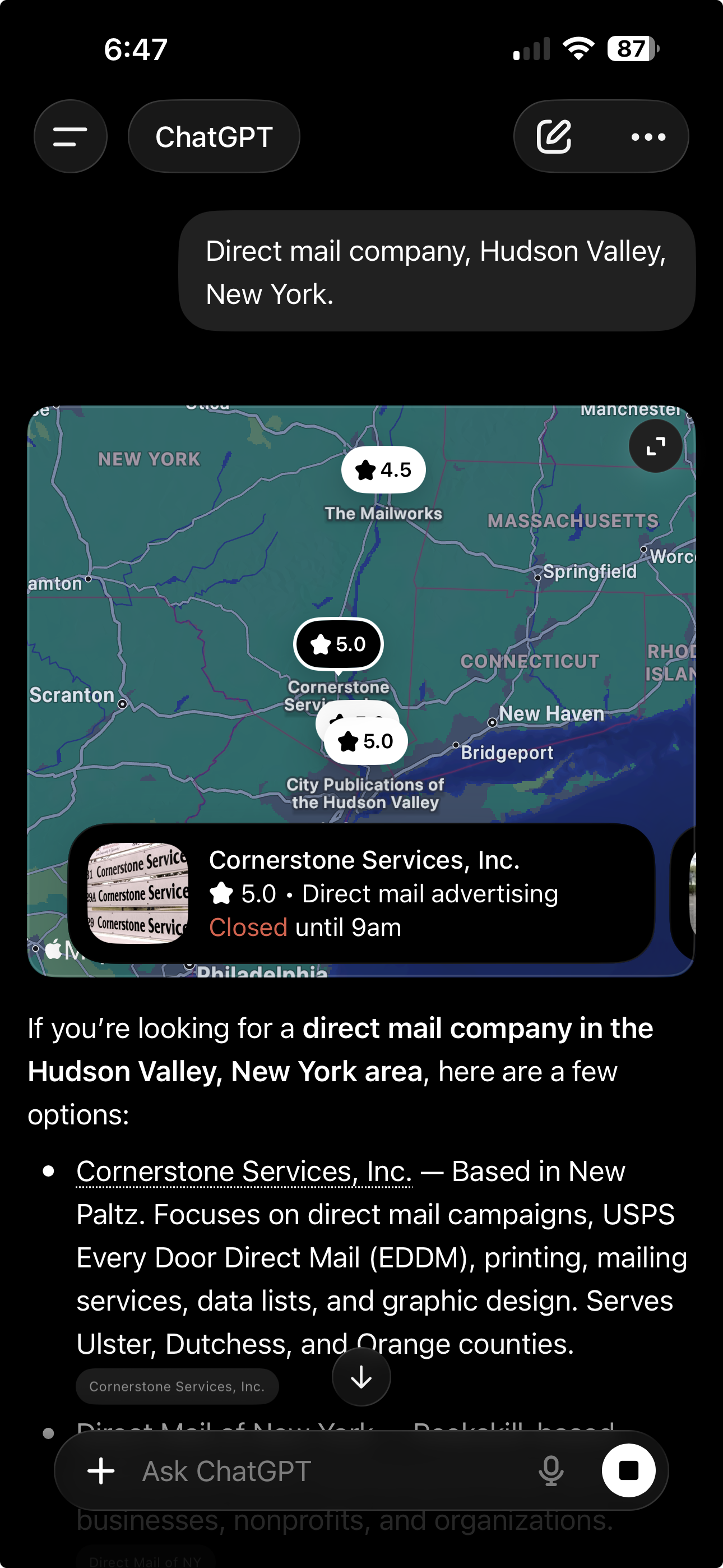 ChatGPT citing Cornerstone Services as top direct mail company in Hudson Valley, New York
