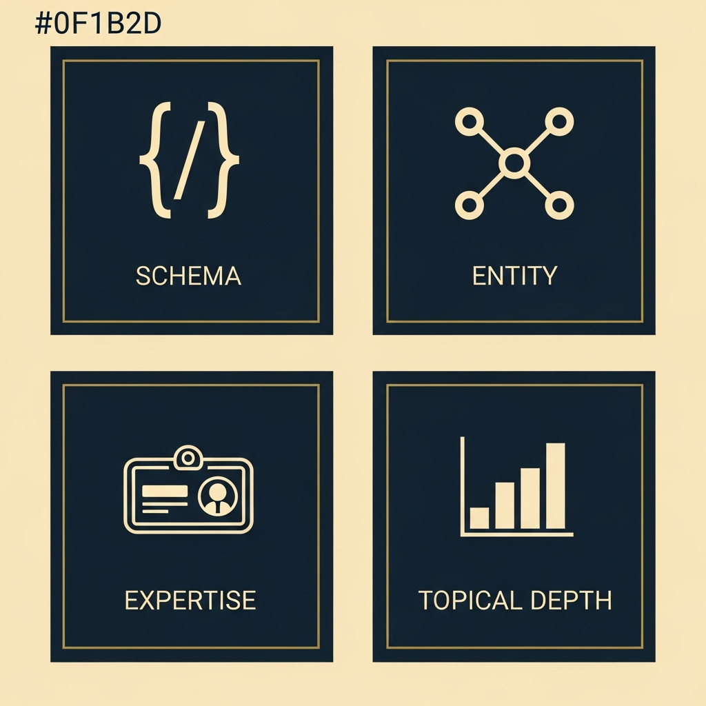The four signal categories AI engines use to decide who to cite — schema markup, entity recognition, expertise signals, and topical depth — shown in a 2x2 quadrant diagram.