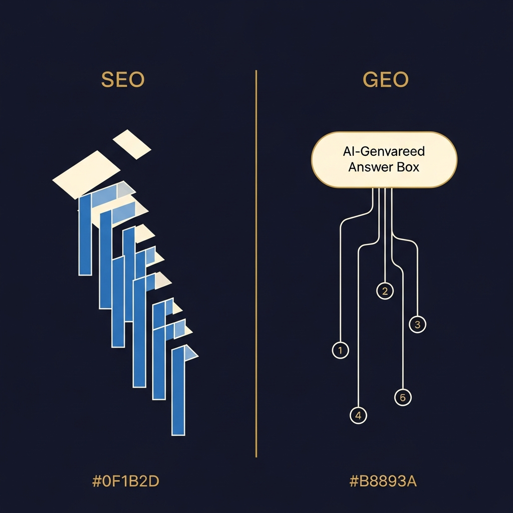 Side-by-side diagram comparing traditional SEO ranking blue links against generative engine optimization producing AI-generated answer boxes with citations.